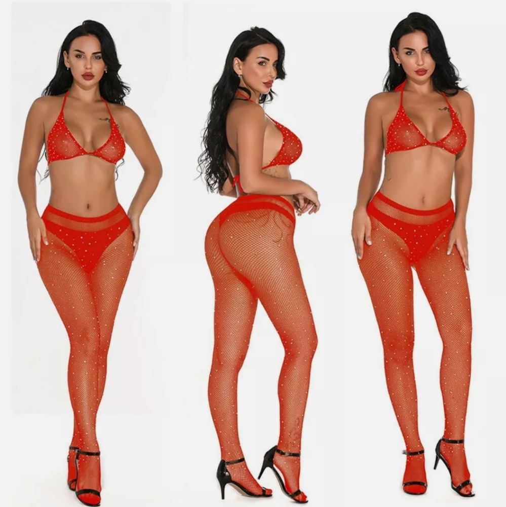 Rhinestone Fishnet Stockings and Bra Set